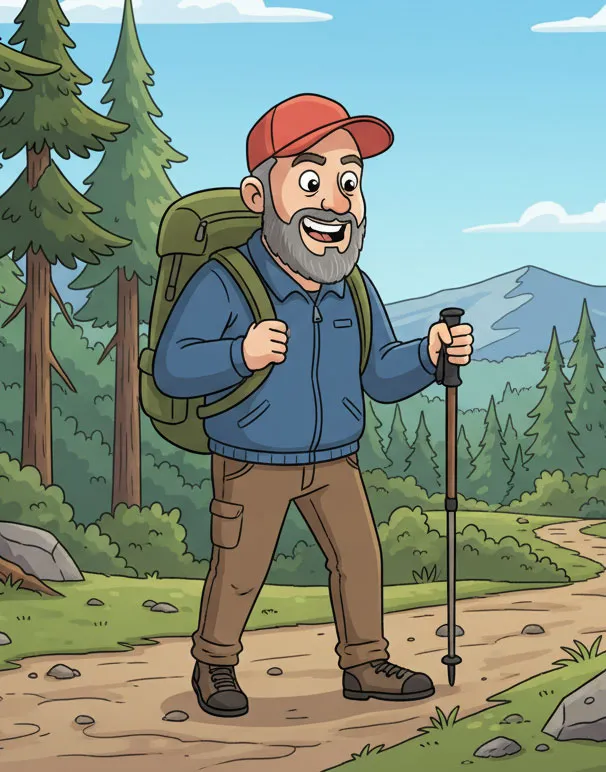 Cartoon version of Jonathan Volks hiking in the woods.