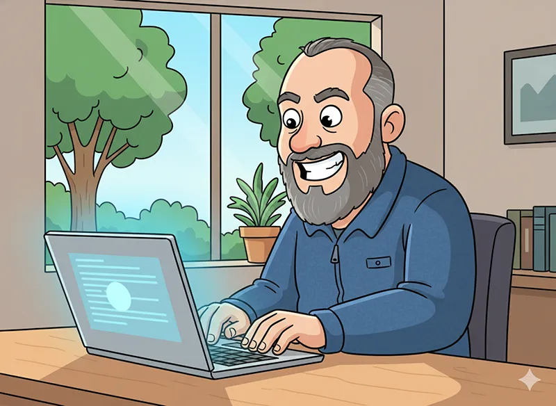 Cartoon version of Jonathan Volks typing on a computer.